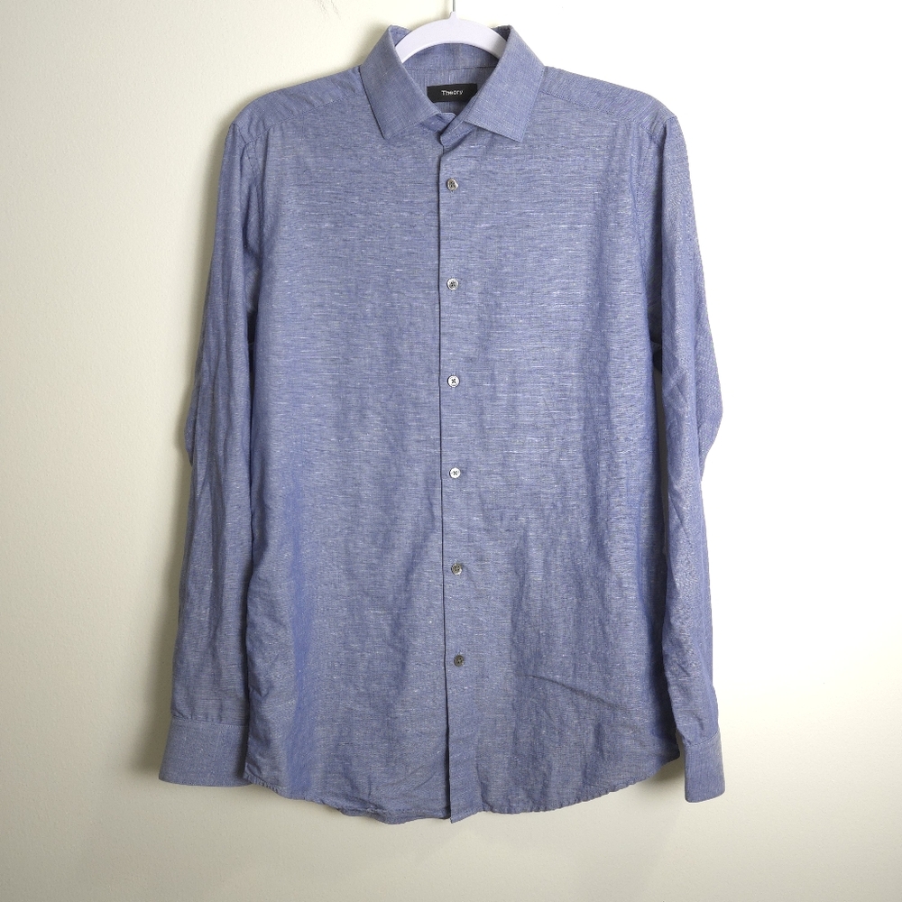 THEORY Men's Linen Cotton Blend Slim Fit‎ Blue Casual Shirt 14.5